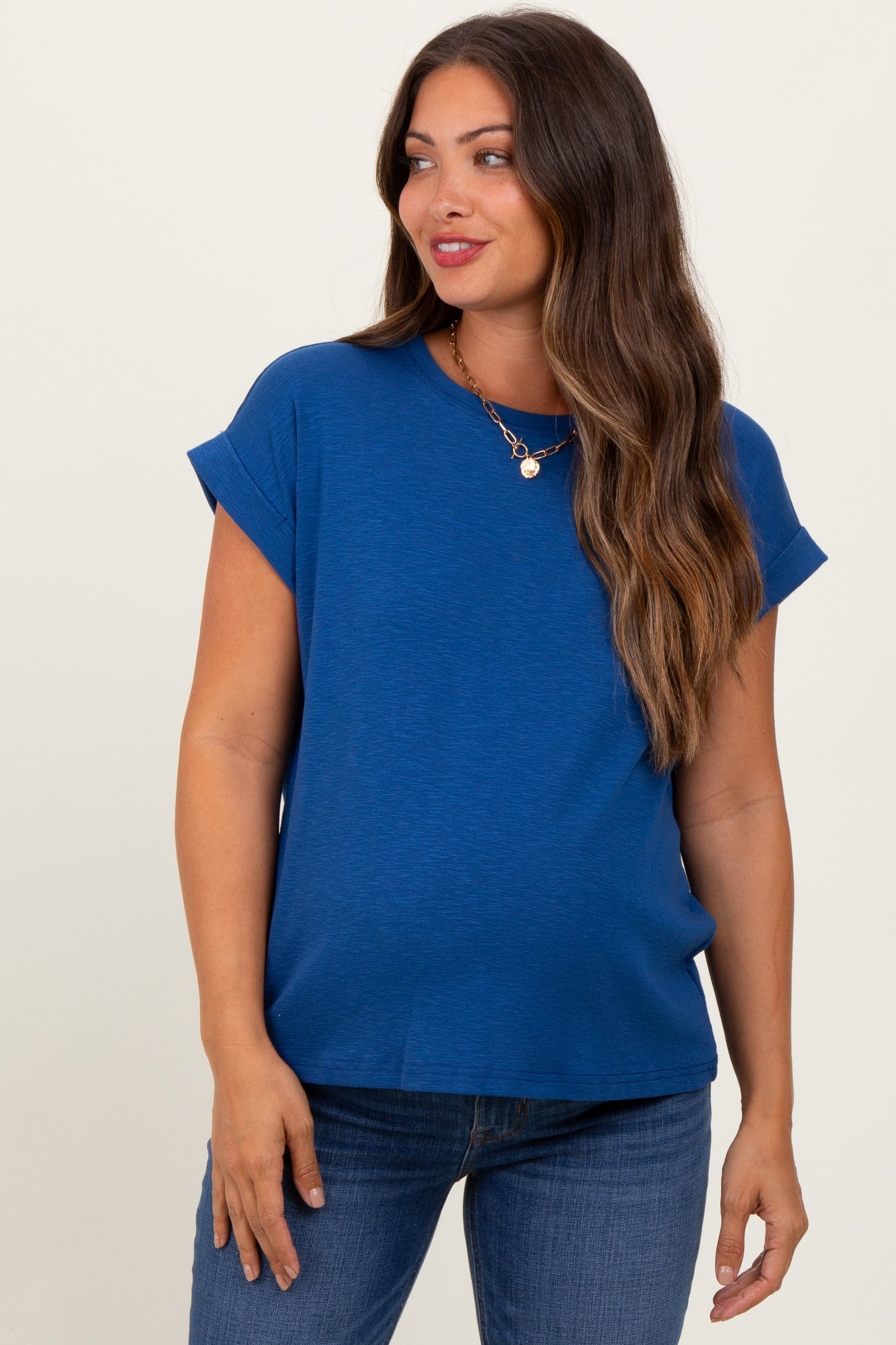 Light Navy Rolled Short Sleeve Maternity Tee