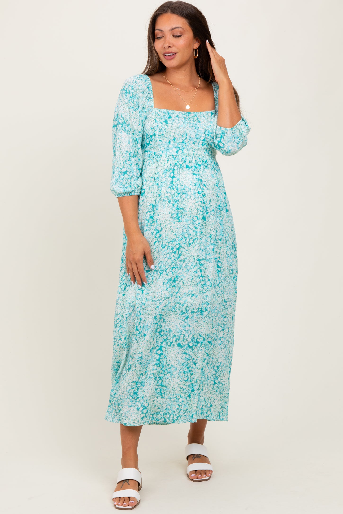 Green Floral Square Neck 3/4 Sleeve Maternity Maxi Dress
