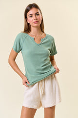 Light Olive Ribbed Split Neckline Short Sleeve Maternity Top