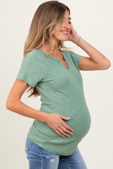 Light Olive Ribbed Split Neckline Short Sleeve Maternity Top