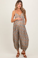 Taupe Printed Sleeveless Barrel Leg Maternity Jumpsuit