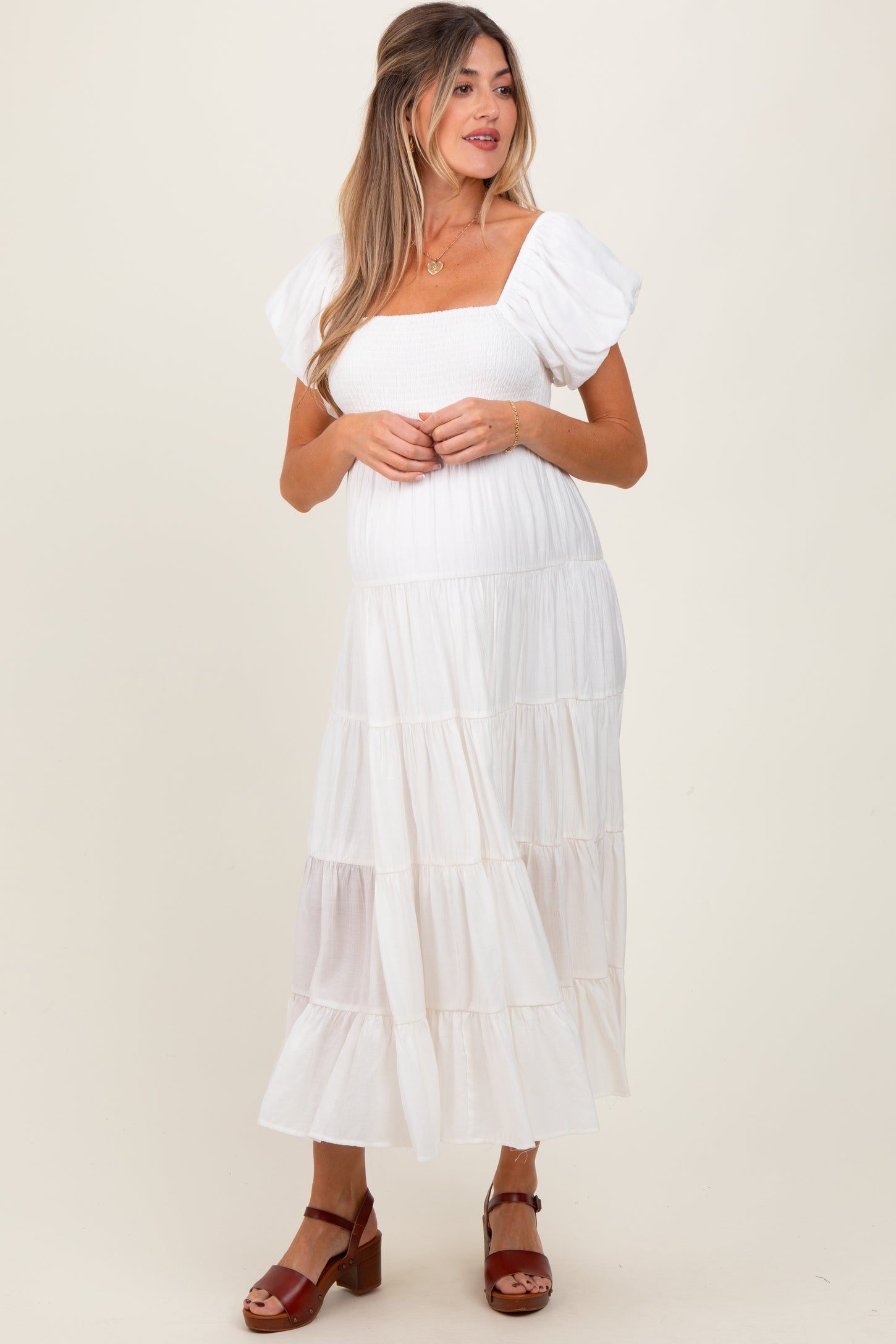 White Smocked Puff Sleeve Tiered Maternity Maxi Dress
