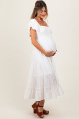 White Smocked Puff Sleeve Tiered Maternity Maxi Dress