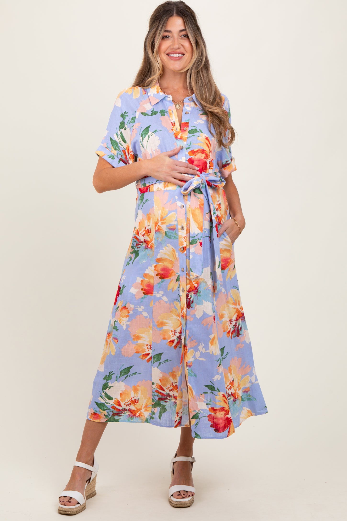 Periwinkle Floral Linen Blend Maternity Shirt Dress