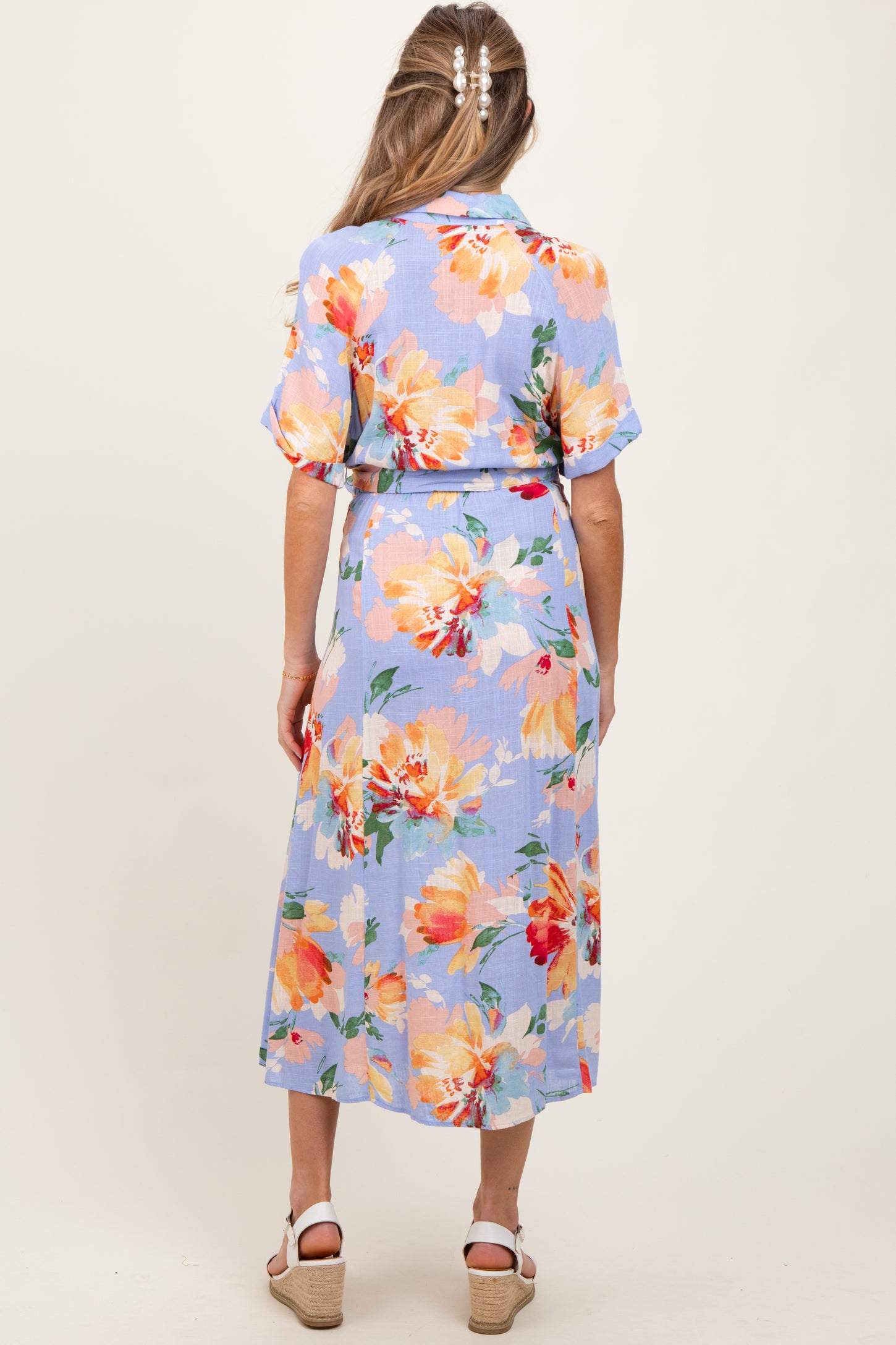 Periwinkle Floral Linen Blend Maternity Shirt Dress