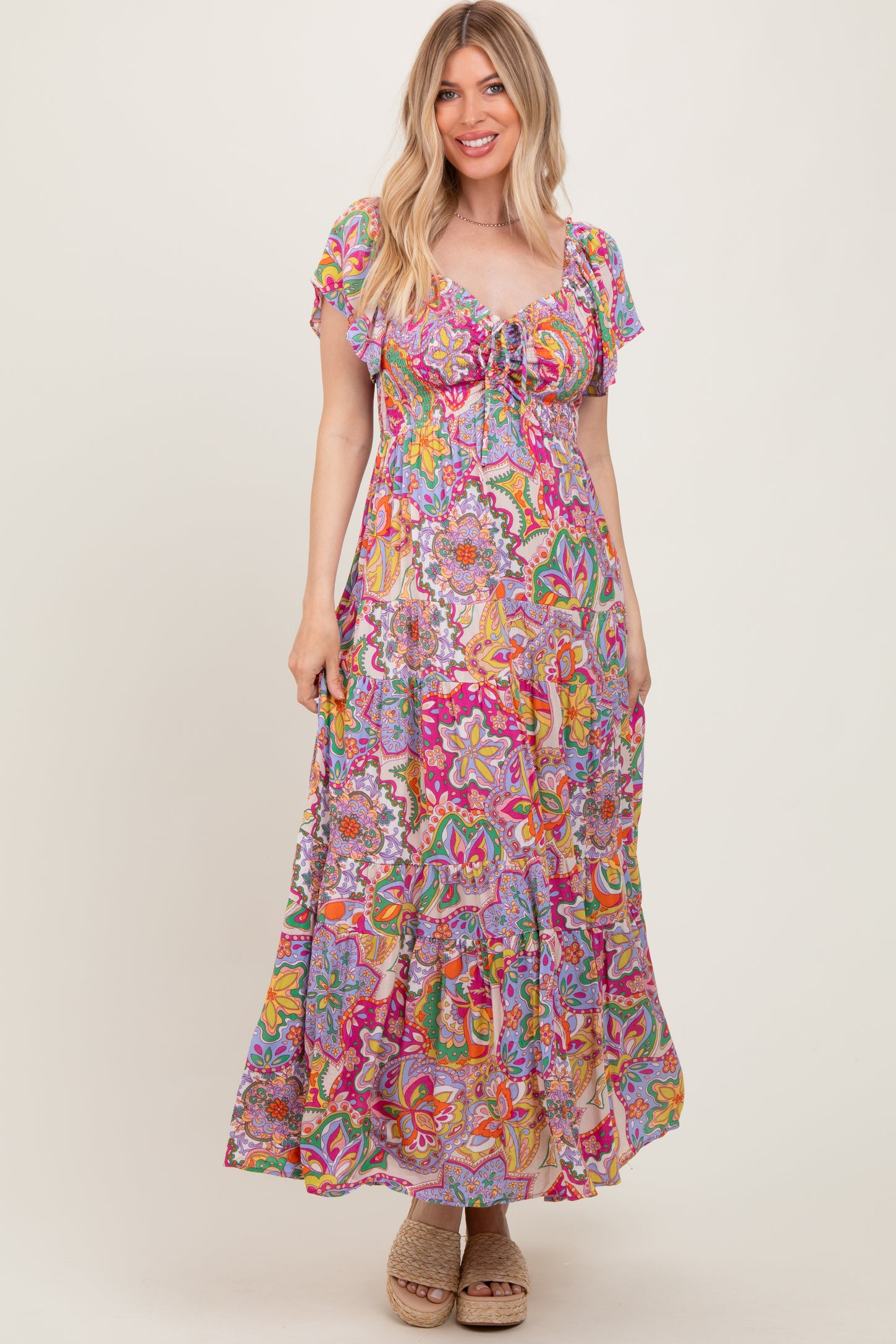Lavender Floral Paisley Smocked Tiered Maternity Maxi Dress