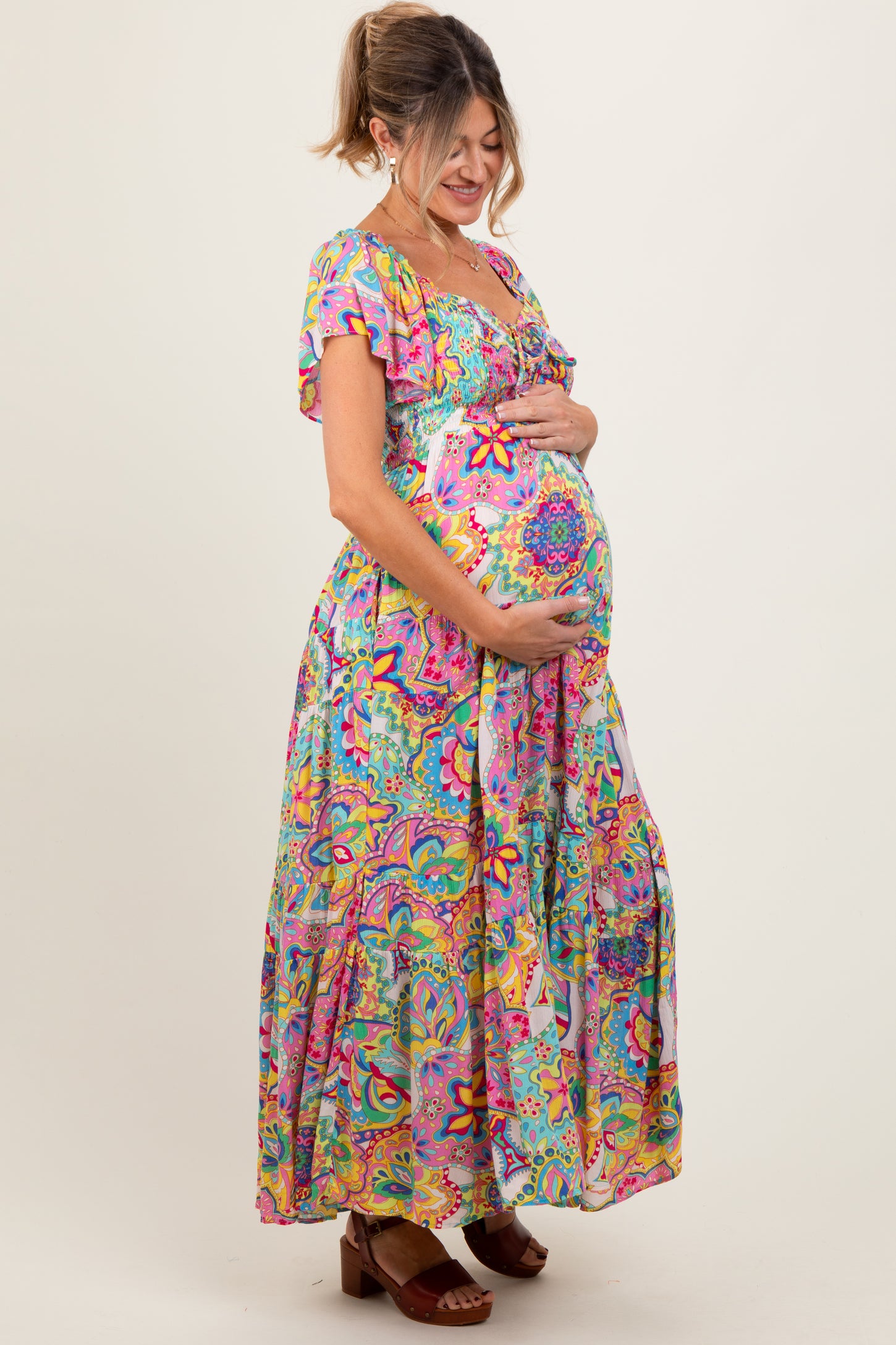 Pink Floral Paisley Smocked Tiered Maternity Maxi Dress