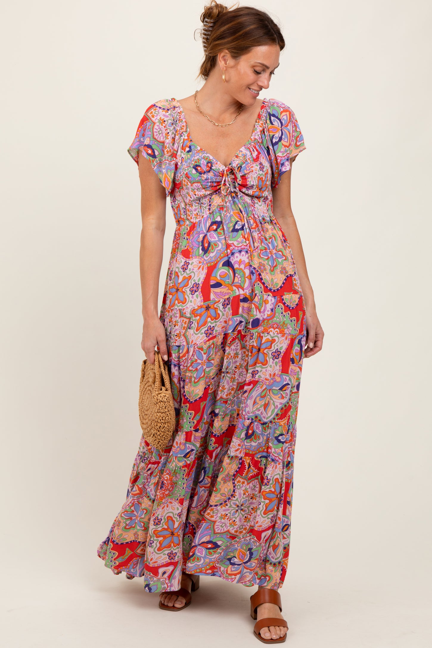 Red Floral Paisley Smocked Tiered Maternity Maxi Dress