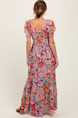 Red Floral Paisley Smocked Tiered Maxi Dress