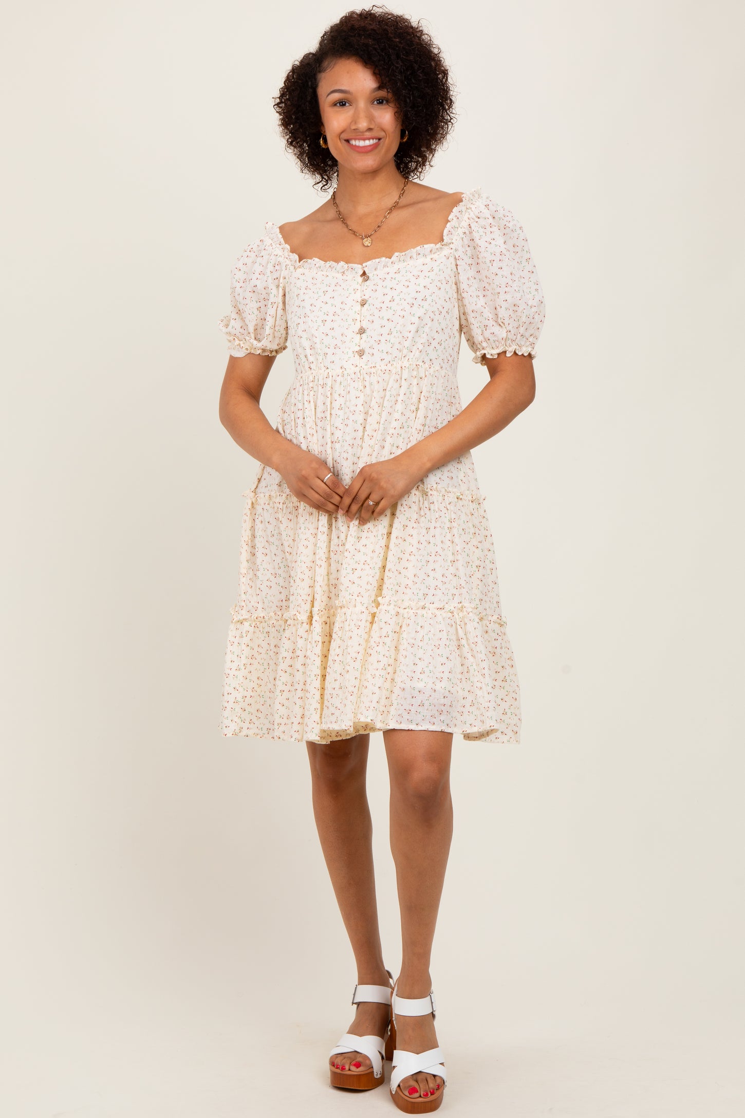 Cream Printed Button Up Ruffle Tiered Dress
