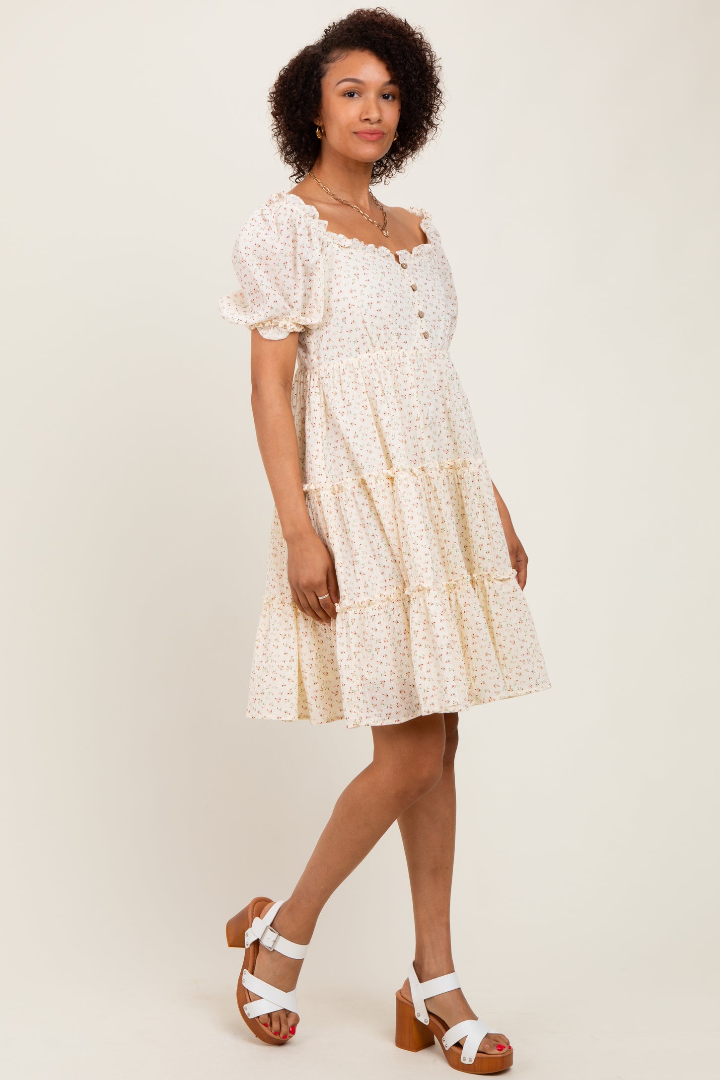 Cream Printed Button Up Ruffle Tiered Dress