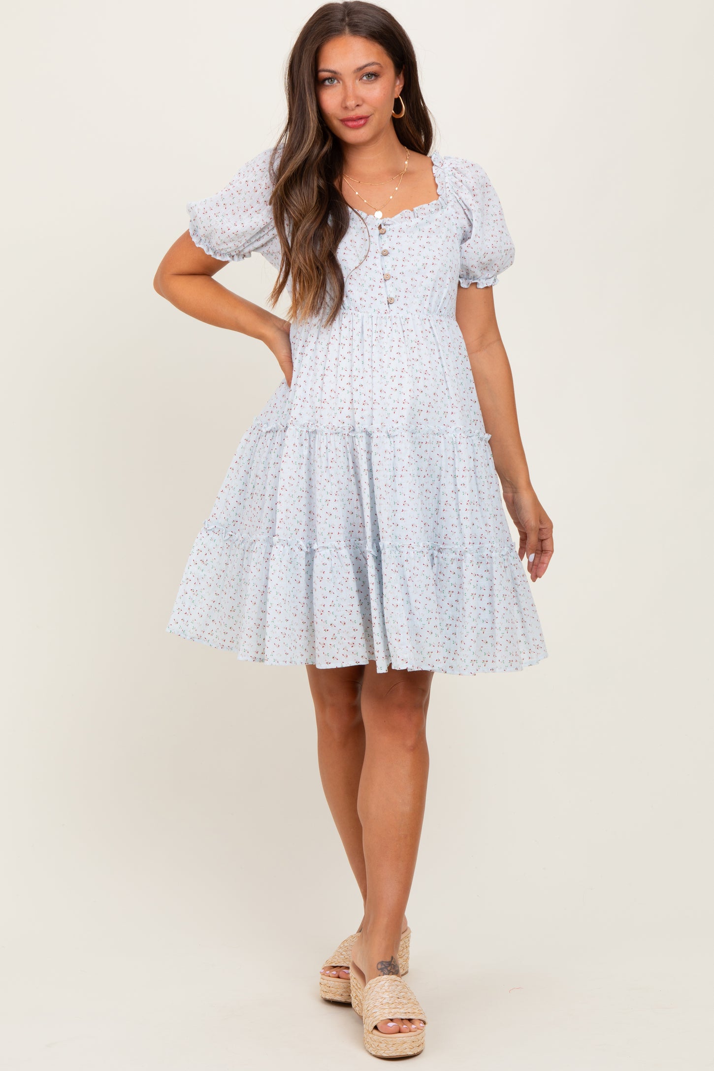 Light Blue Printed Button Up Ruffle Tiered Maternity Dress