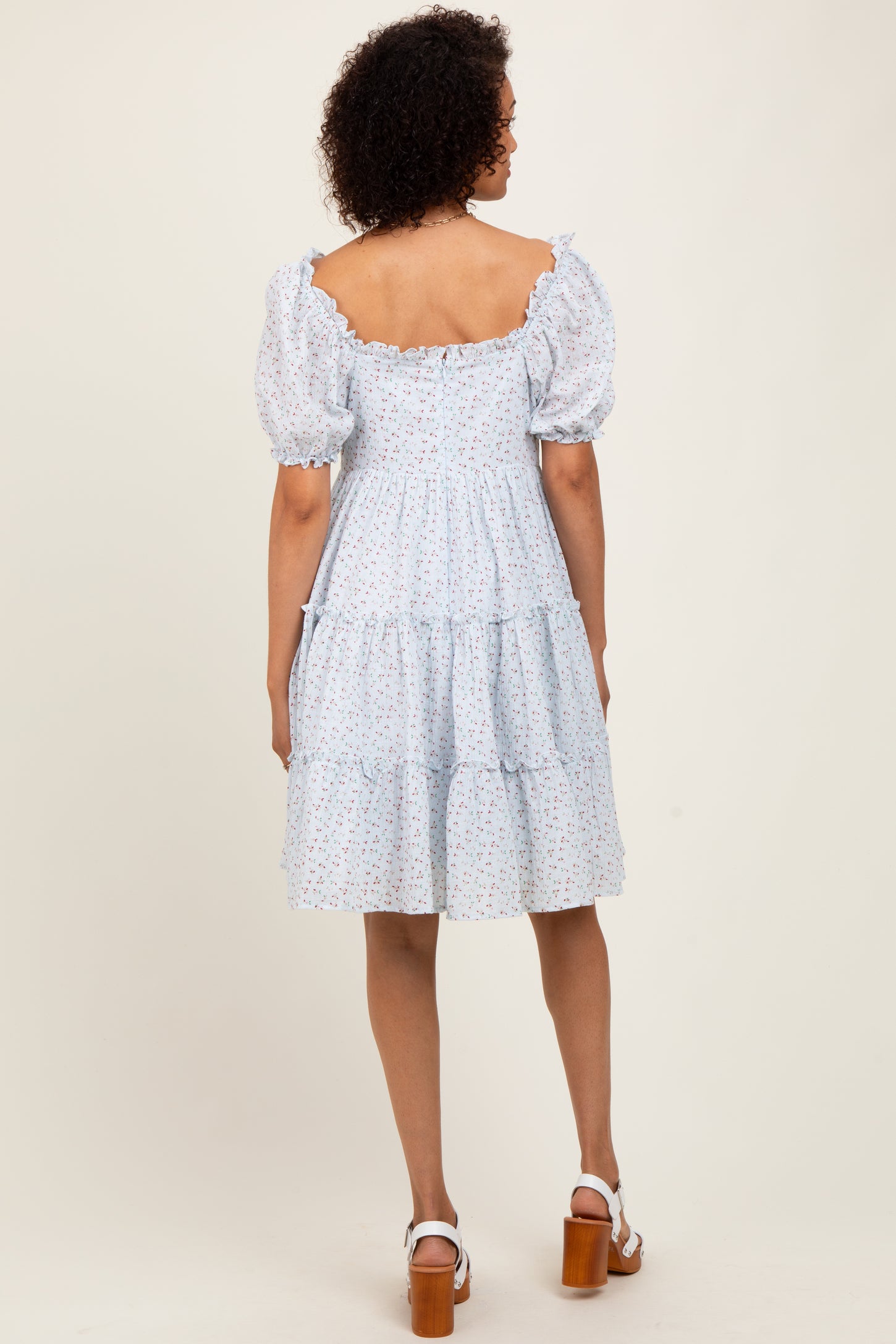 Light Blue Printed Button Up Ruffle Tiered Dress