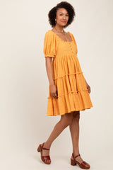 Orange Button Up Ruffle Tiered Dress