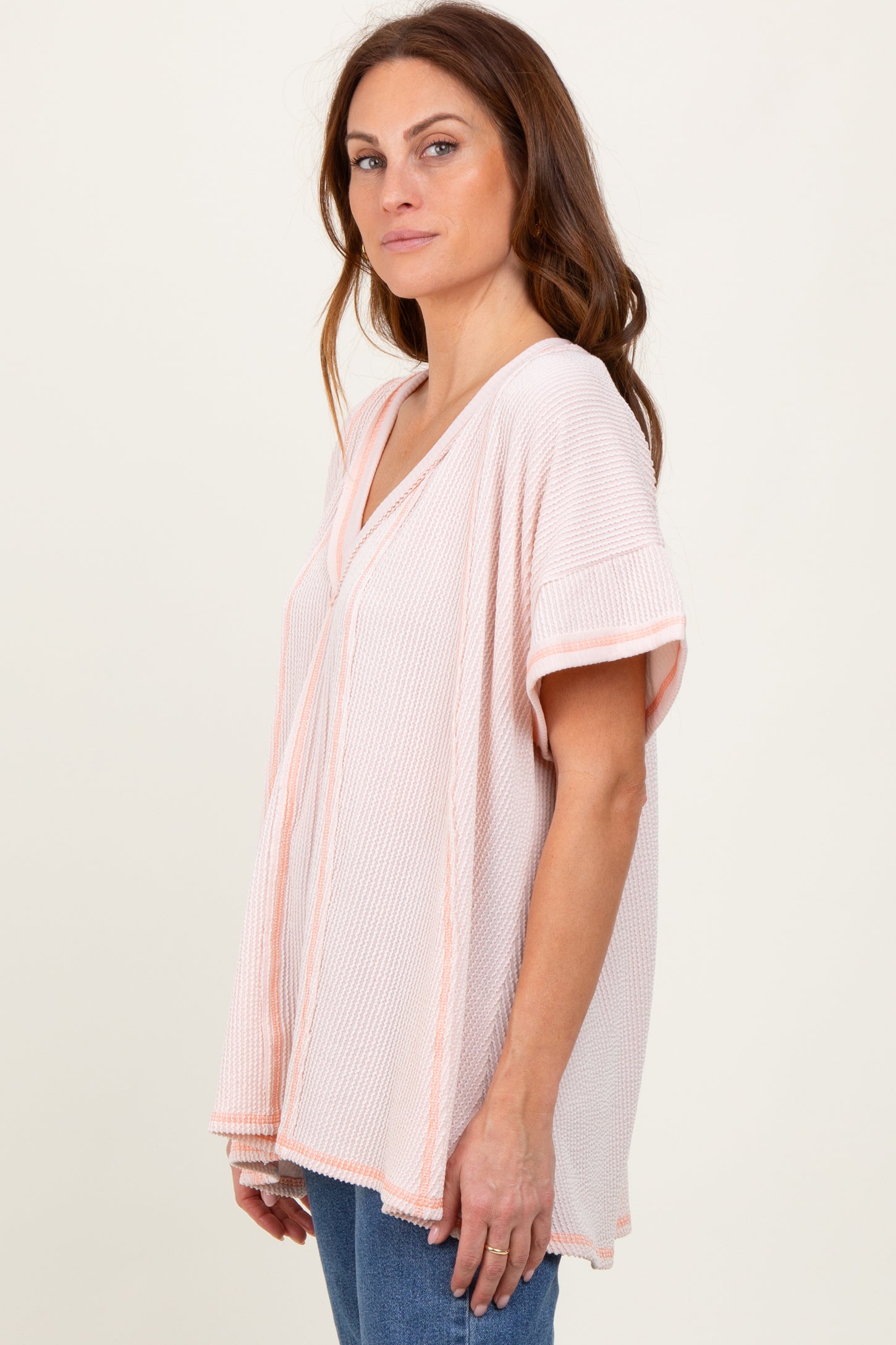 Peach Striped Ribbed V-Neck Oversized Short Sleeve Top