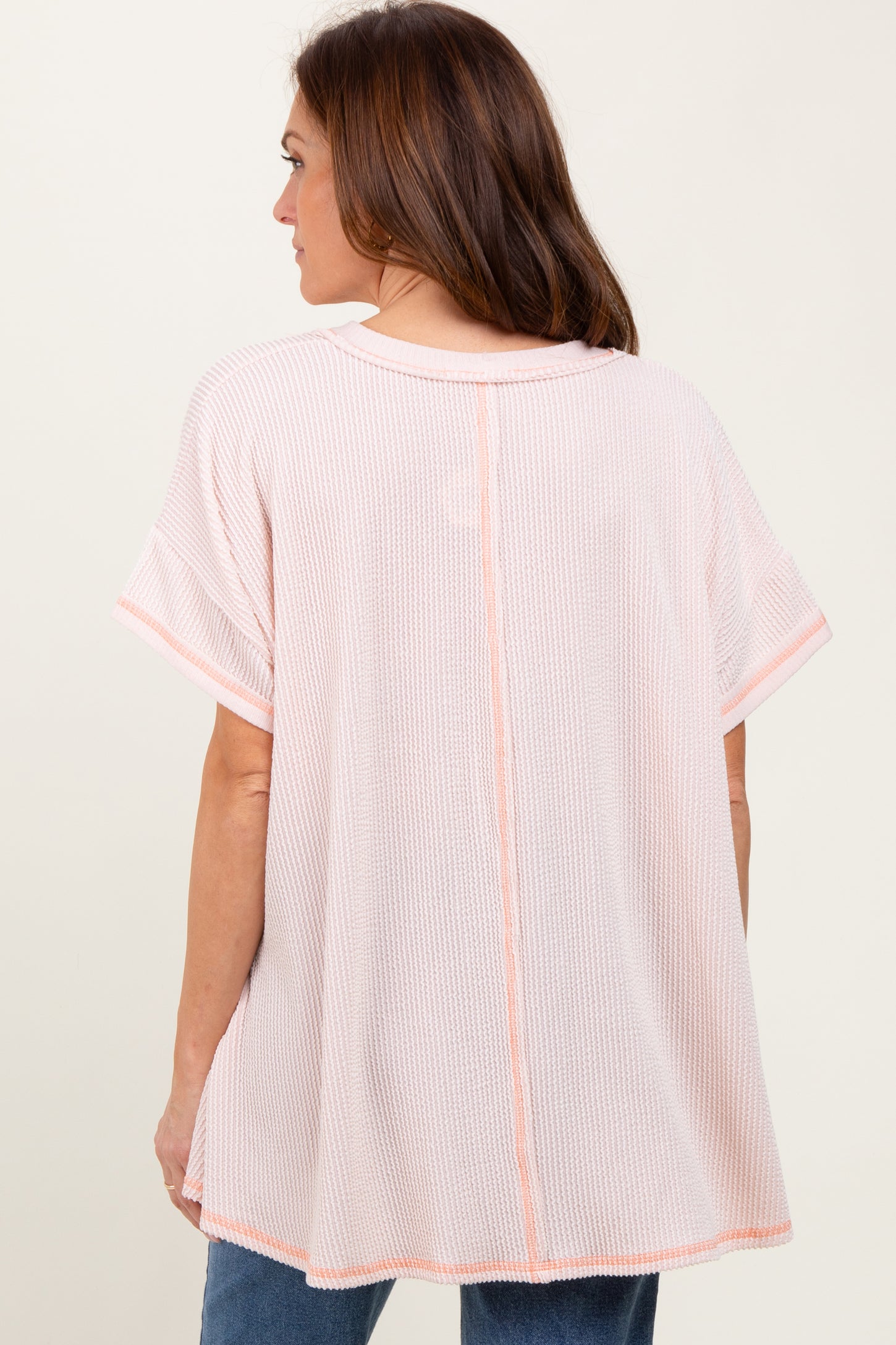 Peach Striped Ribbed V-Neck Oversized Short Sleeve Top