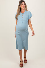 Blue Solid Ribbed Short Sleeve Button Down Knit Maternity Midi Dress