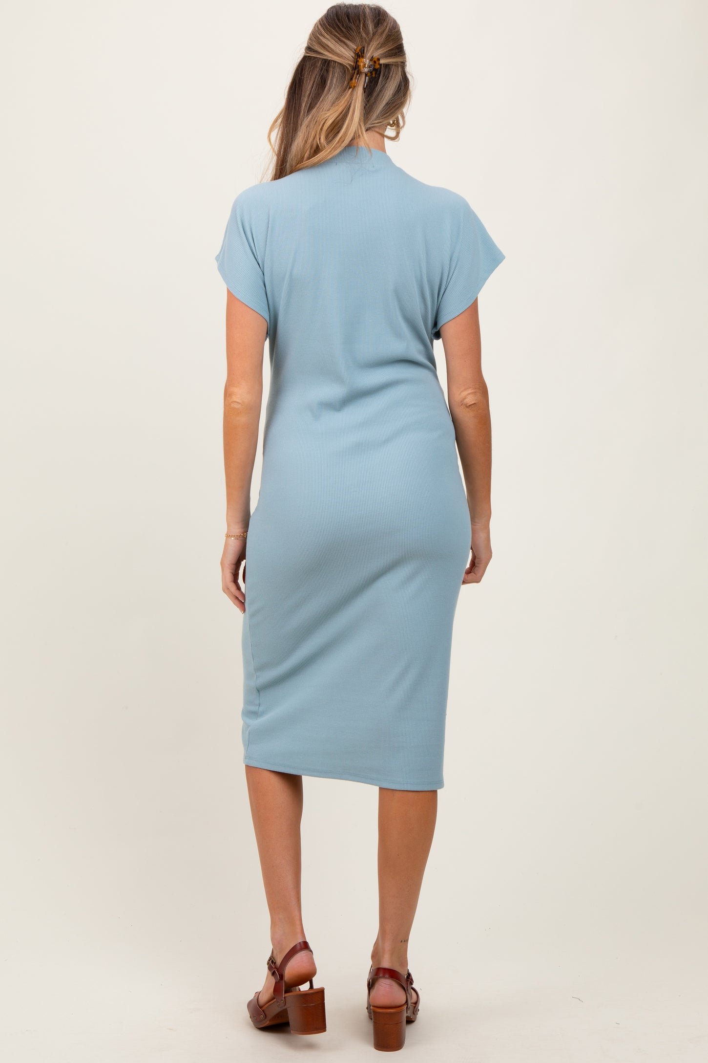 Blue Solid Ribbed Short Sleeve Button Down Knit Maternity Midi Dress