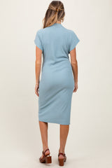 Blue Solid Ribbed Short Sleeve Button Down Knit Maternity Midi Dress