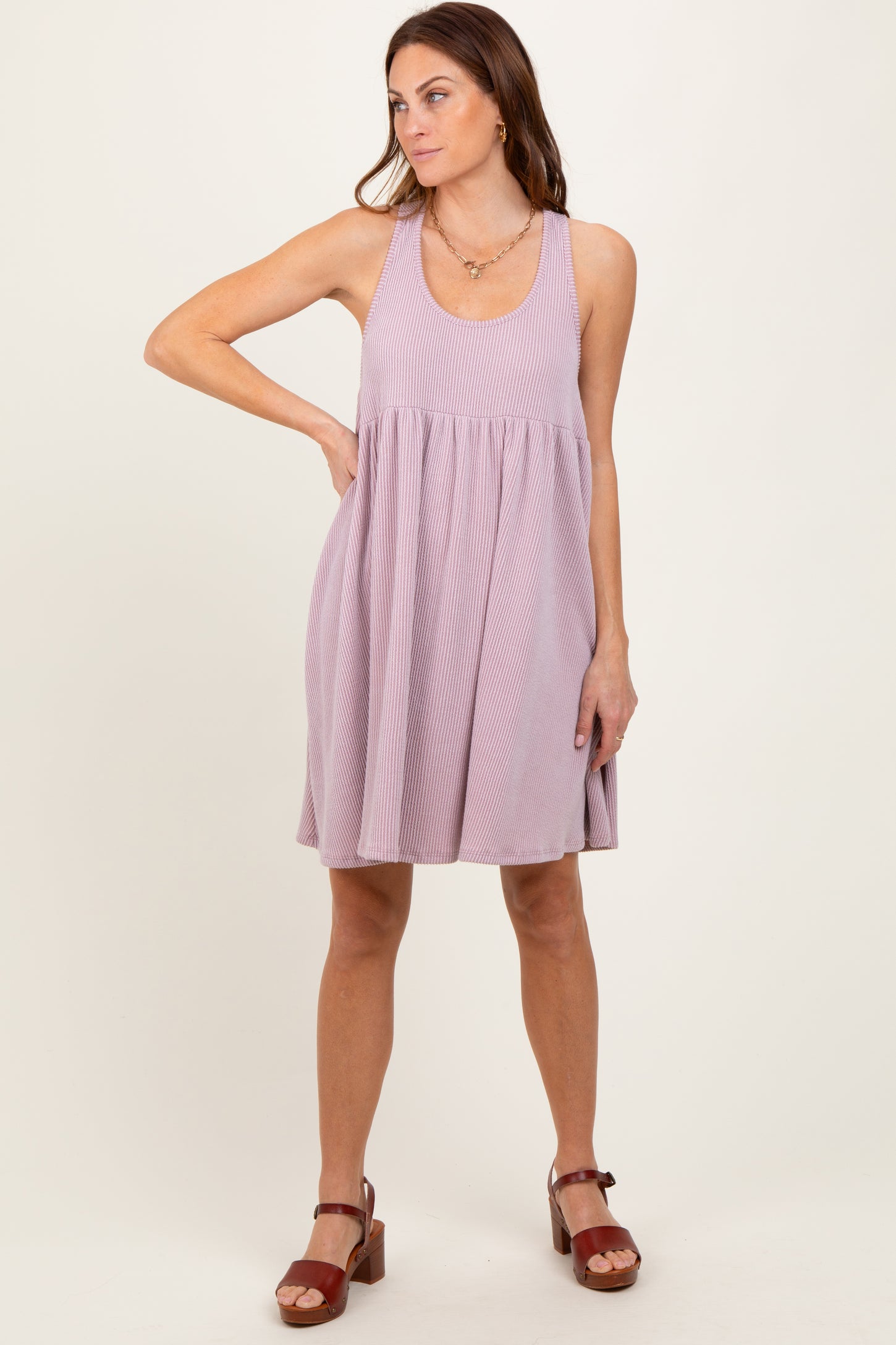 Mauve Ribbed Sleeveless Open Back Midi Dress