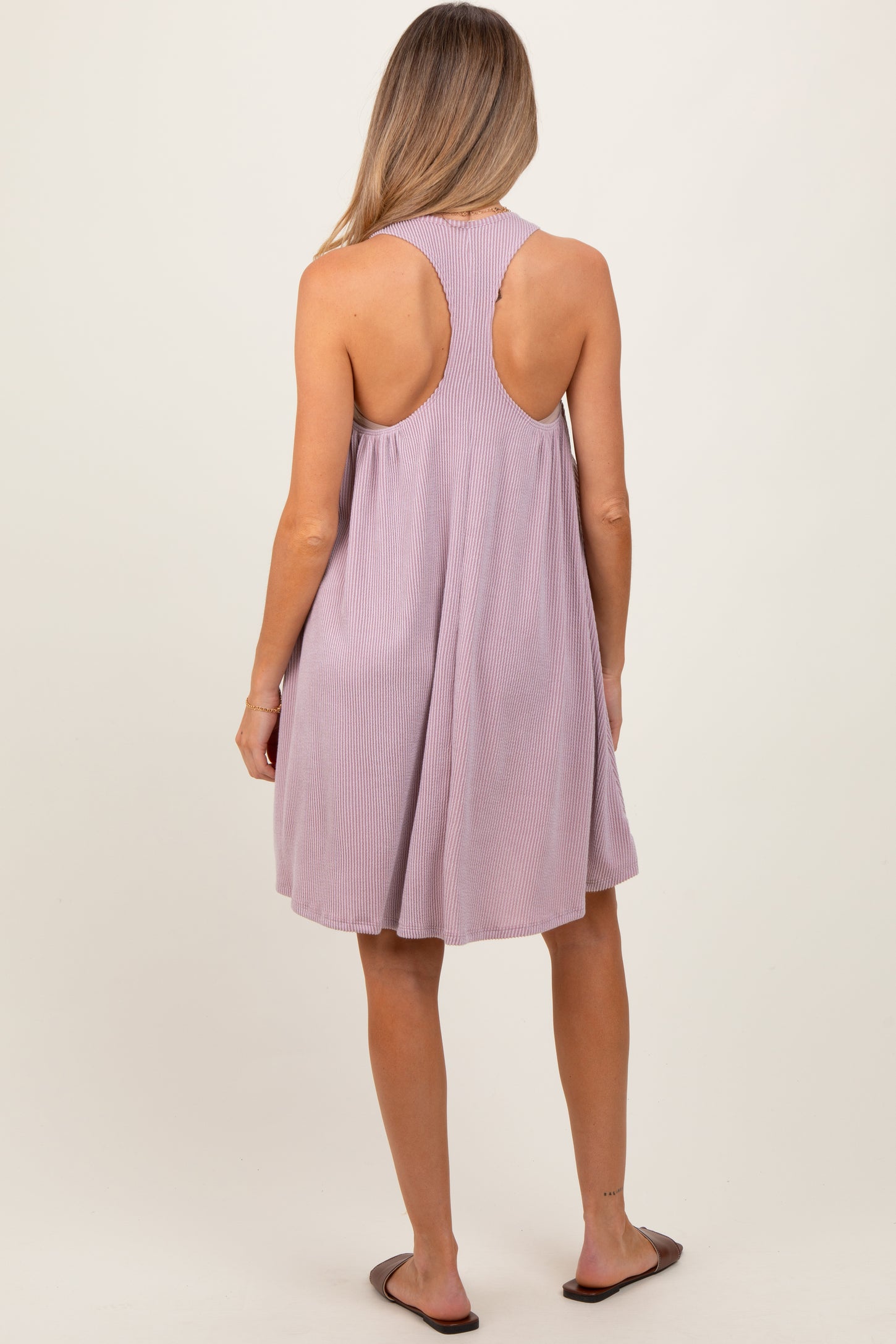 Mauve Ribbed Sleeveless Open Back Maternity Midi Dress