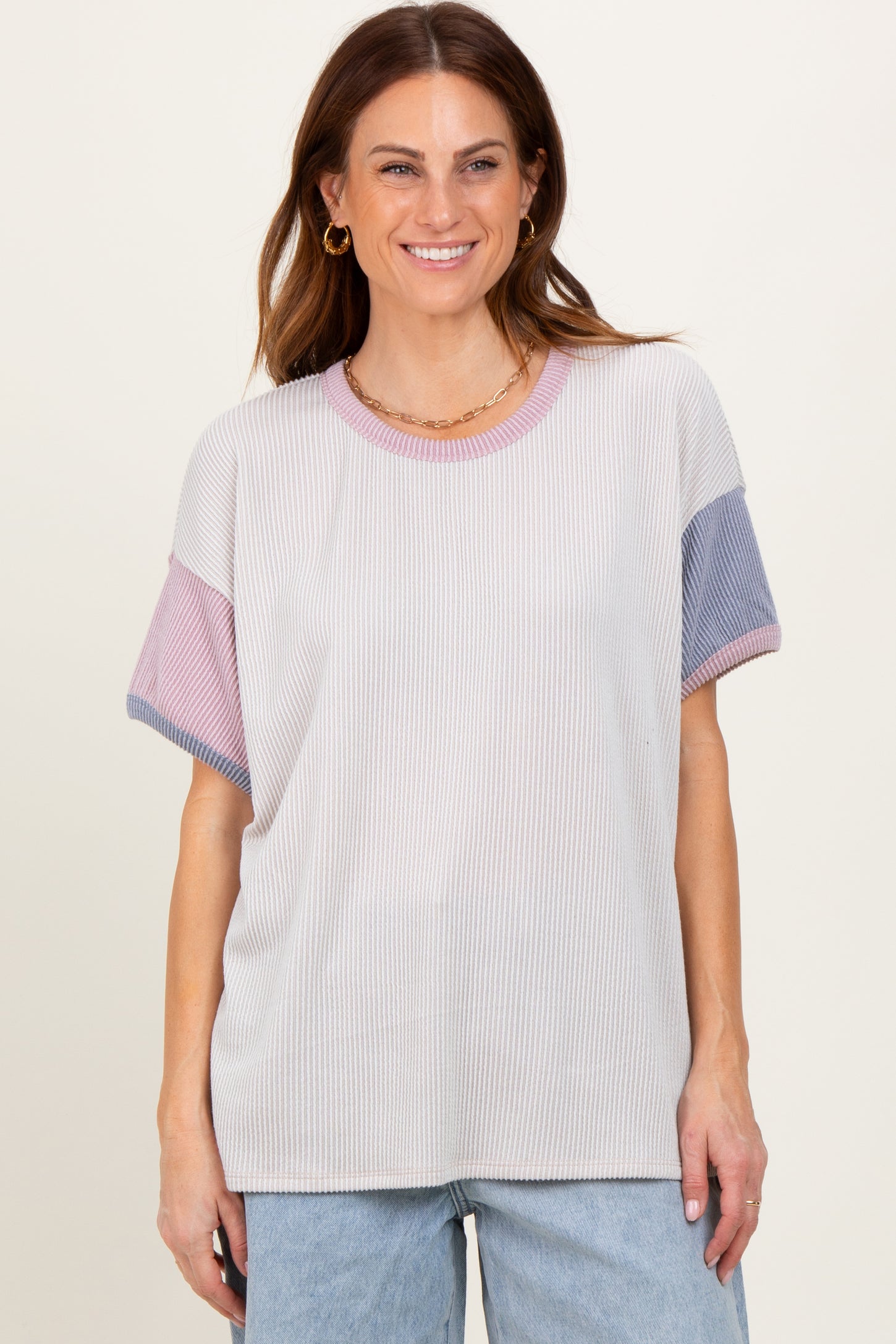 Cream Solid Ribbed Color Block Short Sleeve Maternity Tunic Top