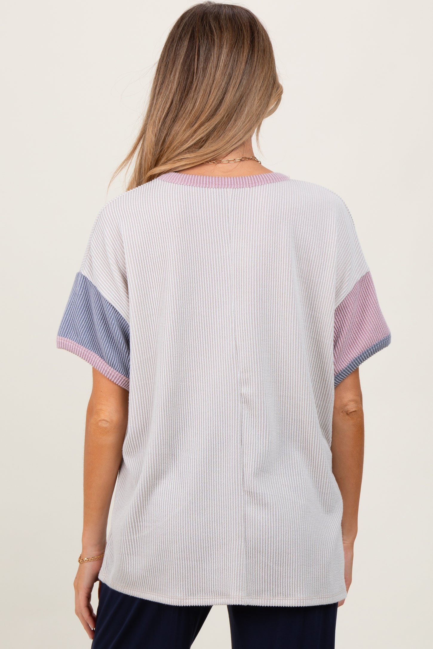 Cream Solid Ribbed Color Block Short Sleeve Maternity Tunic Top