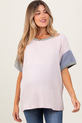 Peach Solid Ribbed Color Block Short Sleeve Maternity Tunic Top