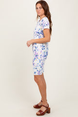 Ivory Floral Short Sleeve Ruched Dress