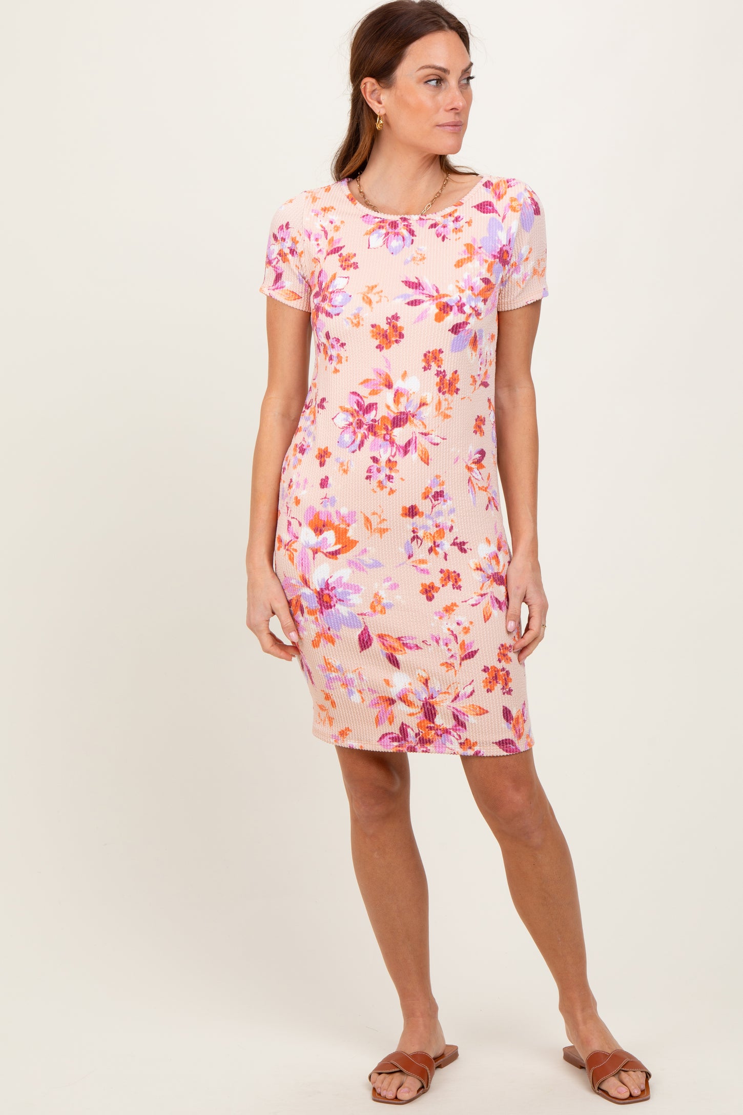 Peach Floral Short Sleeve Ruched Dress