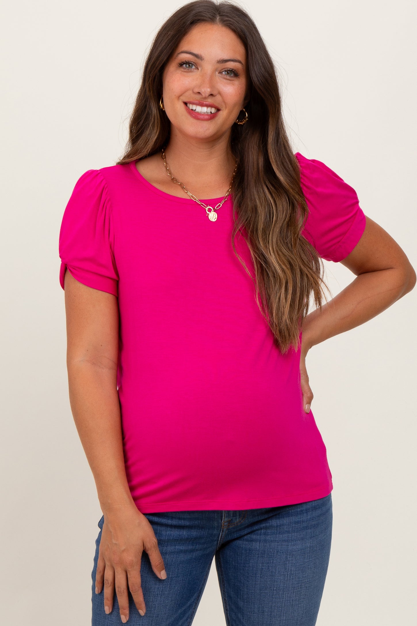 Fuchsia Basic Crew Neck Puff Sleeve Maternity Top