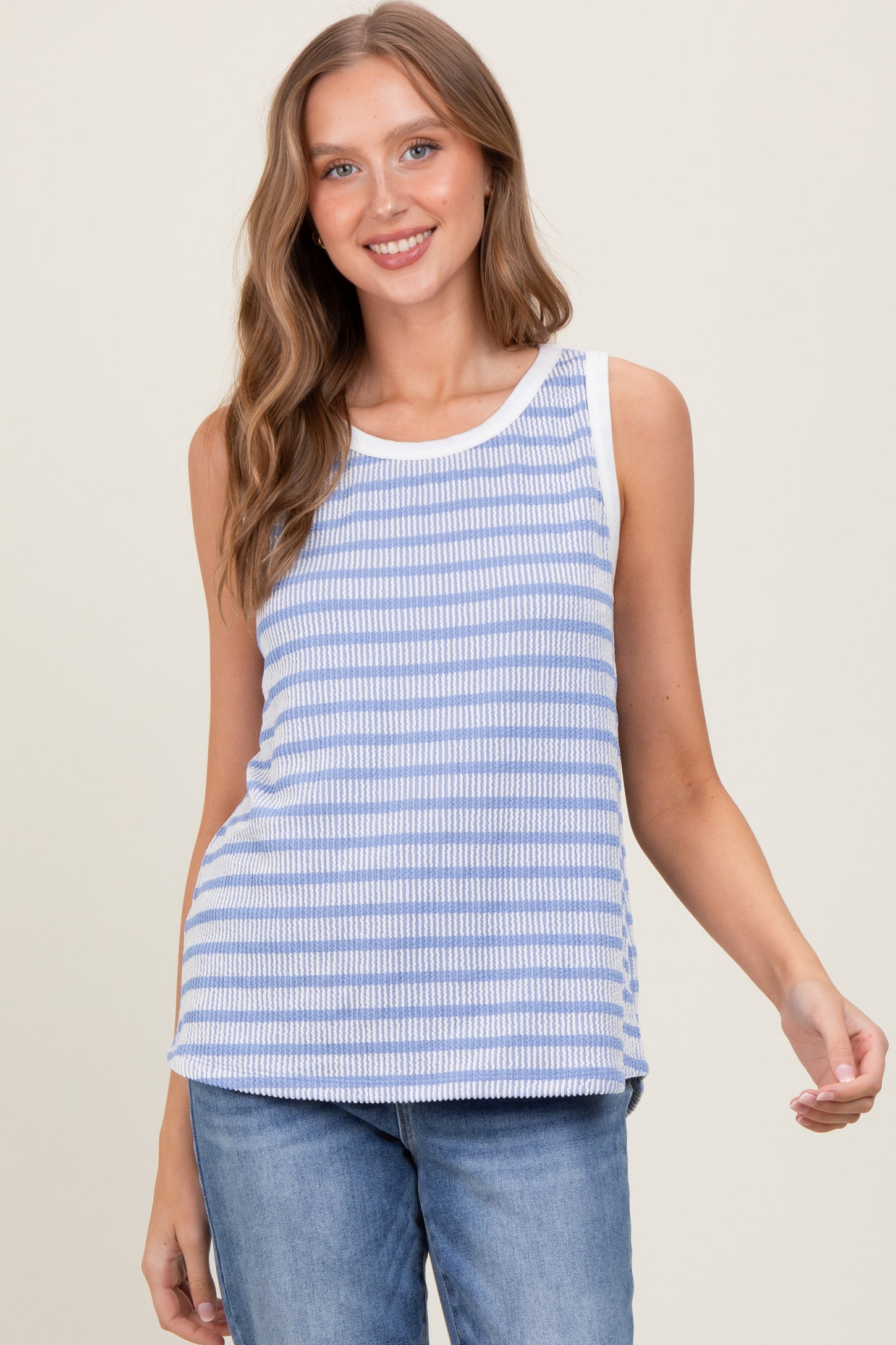 Blue Textured Striped Sleeveless Maternity Top