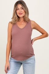 Mauve Pointelle Knit V-Neck Sleeveless Maternity Top