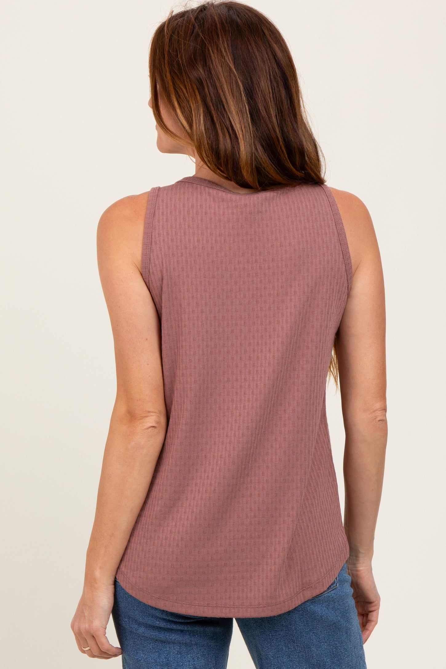 Mauve Pointelle Knit V-Neck Sleeveless Top
