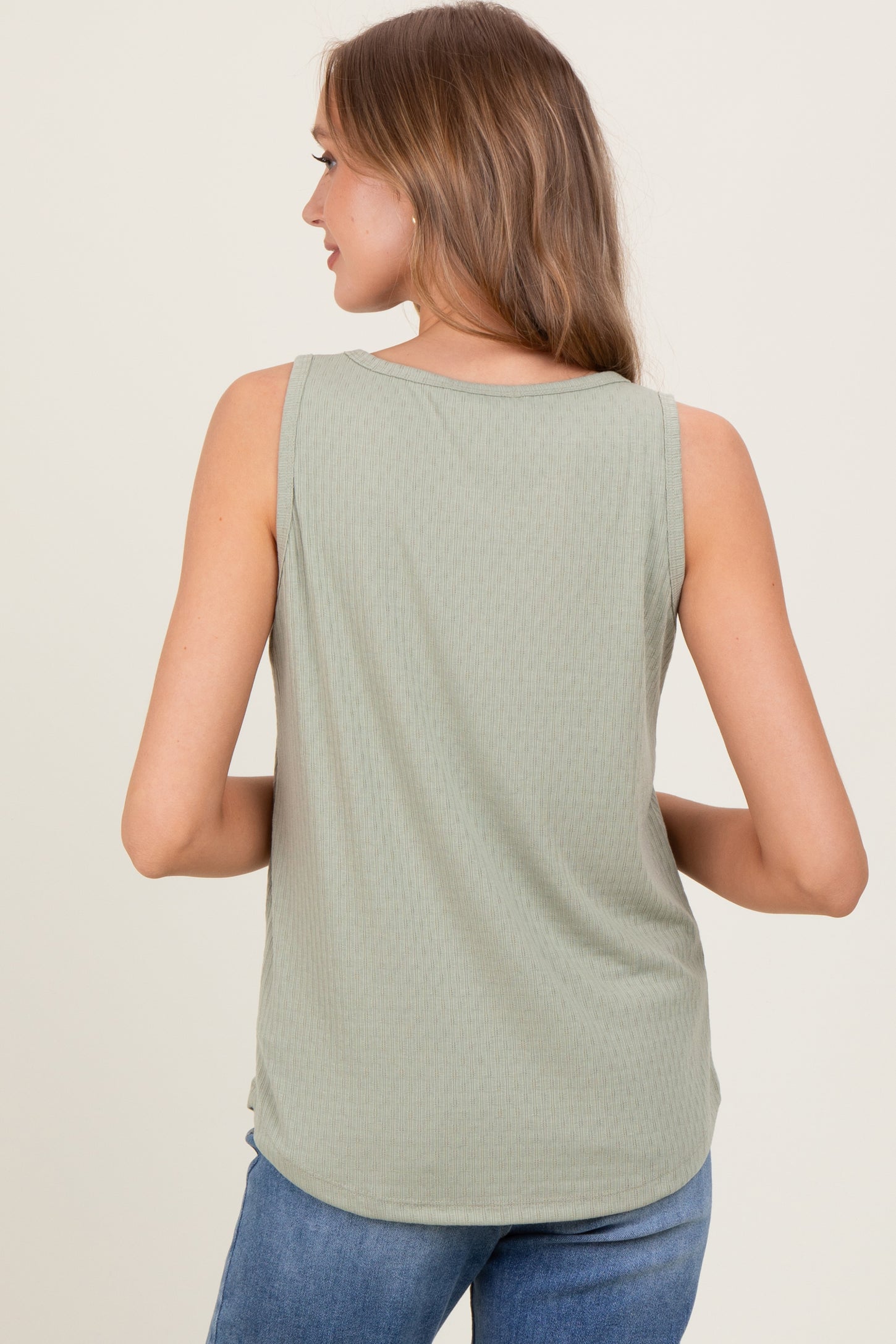 Light Olive Pointelle Knit V-Neck Sleeveless Top