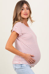 Red Pinstripe Soft Terry Short Sleeve Maternity Top