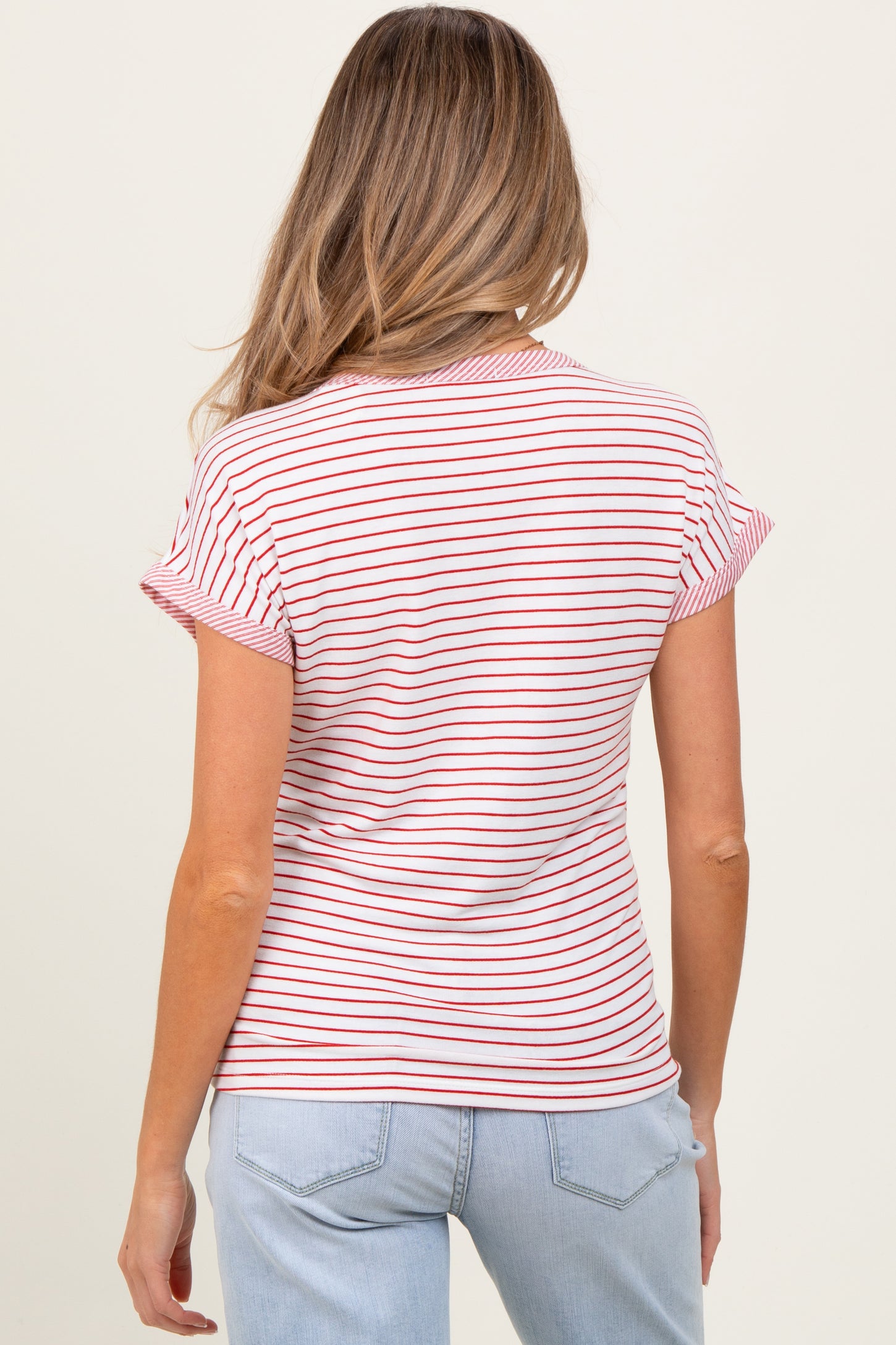 Red Pinstripe Soft Terry Short Sleeve Maternity Top