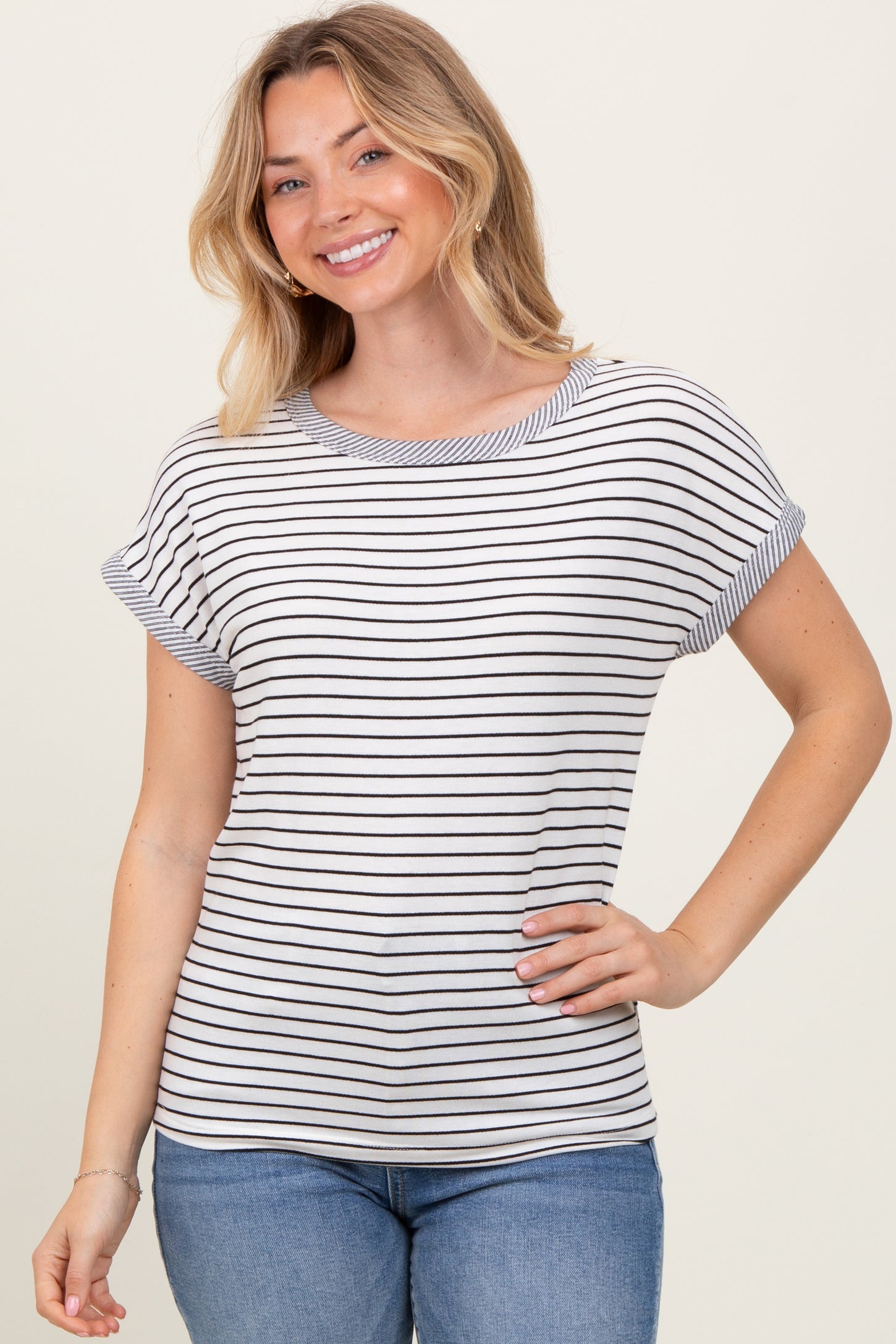 Black Pinstripe Soft Terry Short Sleeve Top