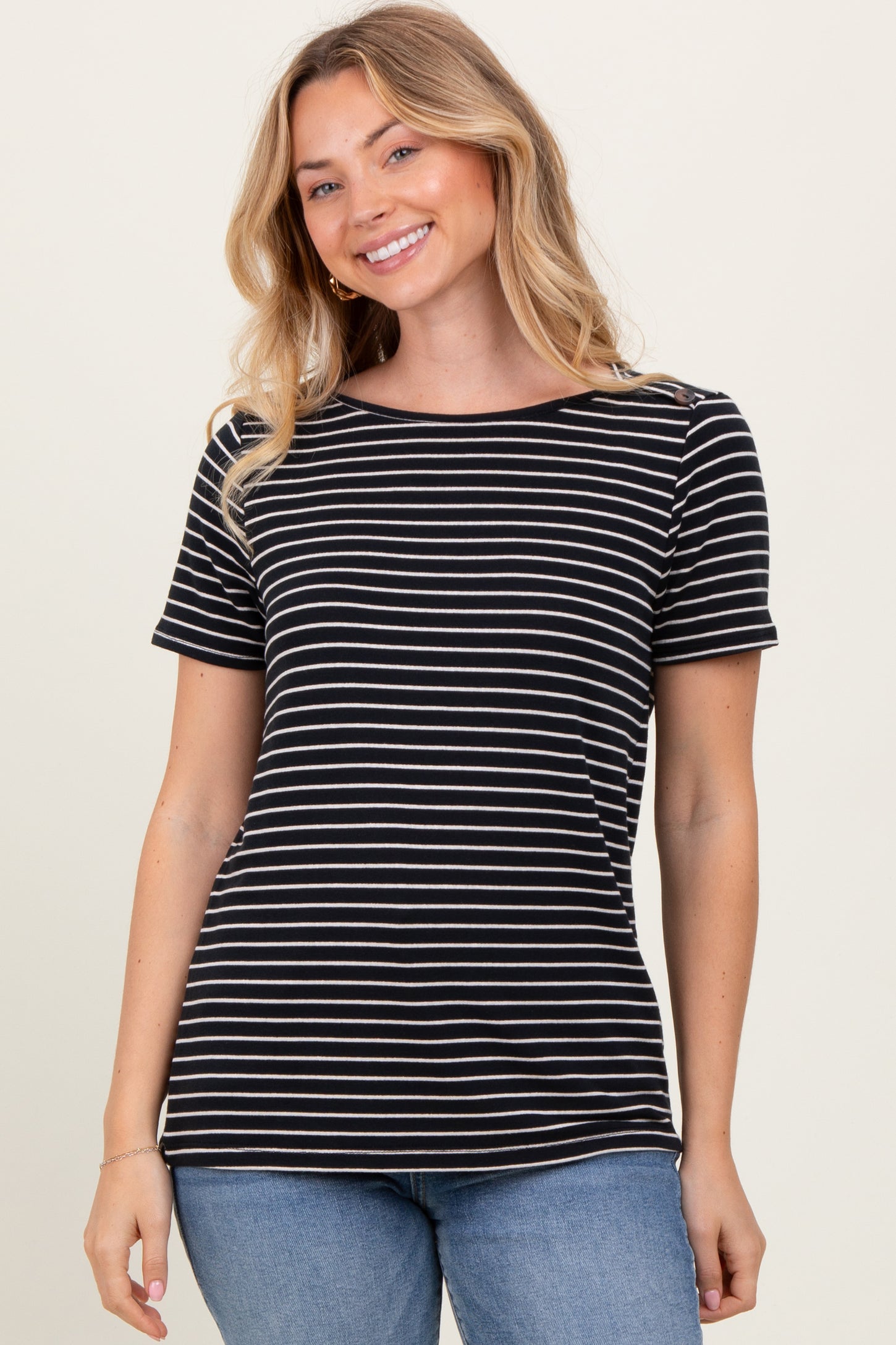 Black Pinstripe Shoulder Button Detail Top