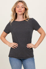 Black Pinstripe Shoulder Button Detail Top