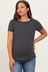 Black Pinstripe Shoulder Button Detail Maternity Top