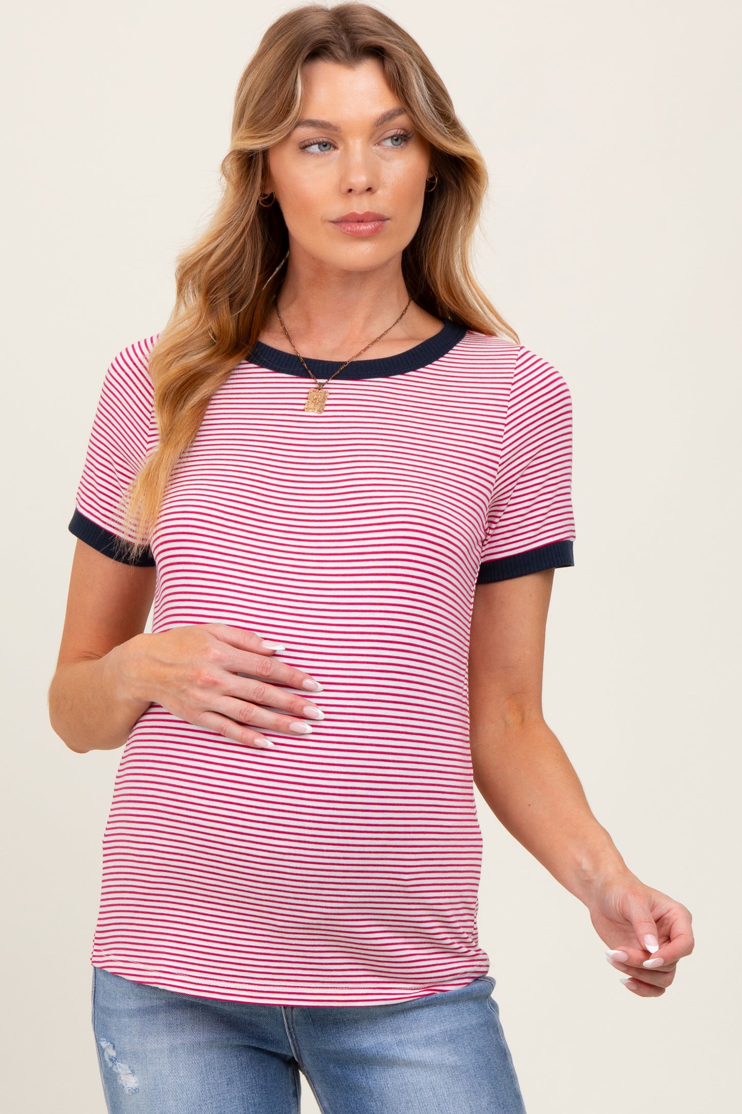 Navy Pinstripe Contrast Trim Maternity Tee
