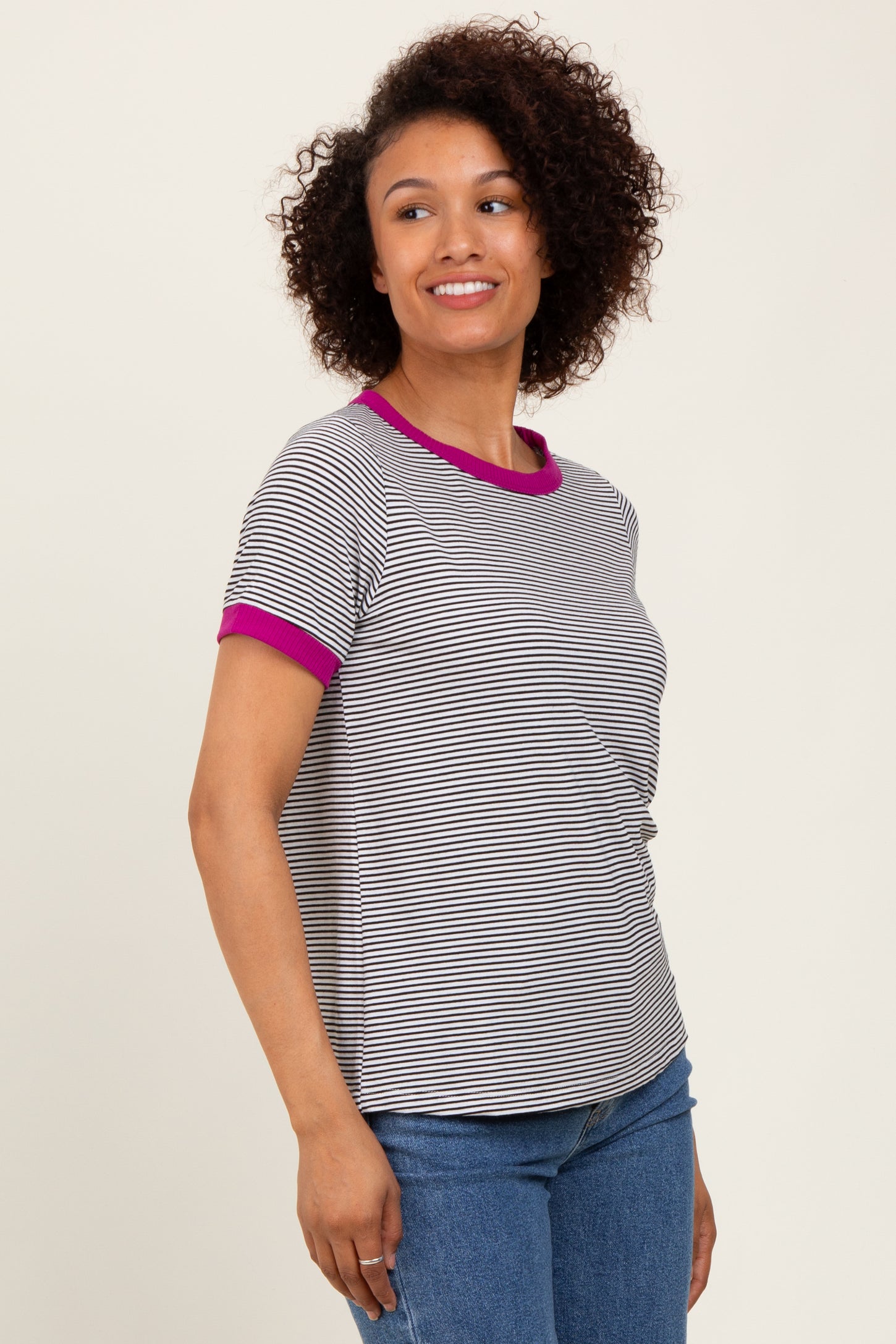 Ivory Pinstripe Contrast Trim Tee