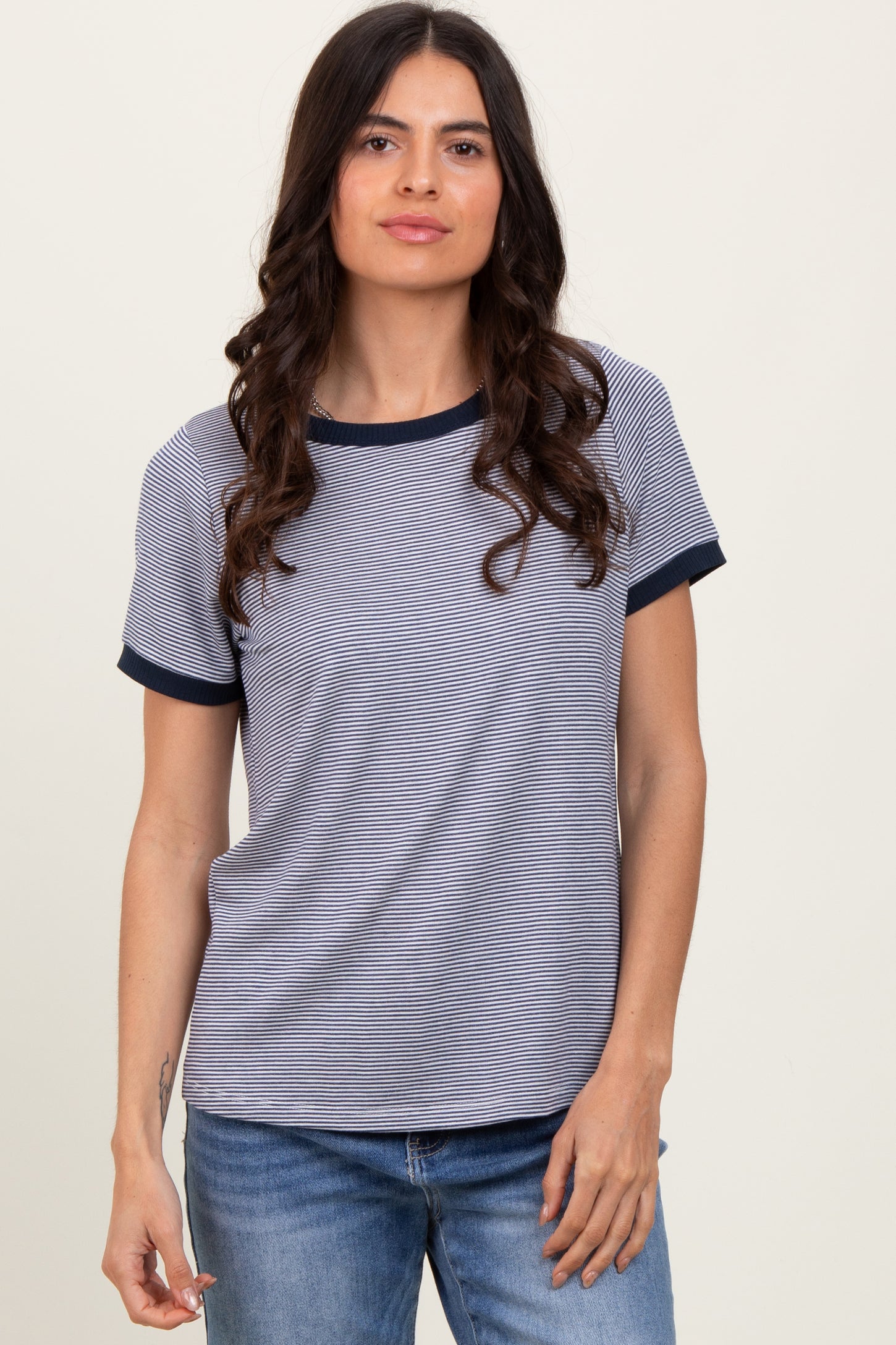 Navy Pinstripe Contrast Trim Tee