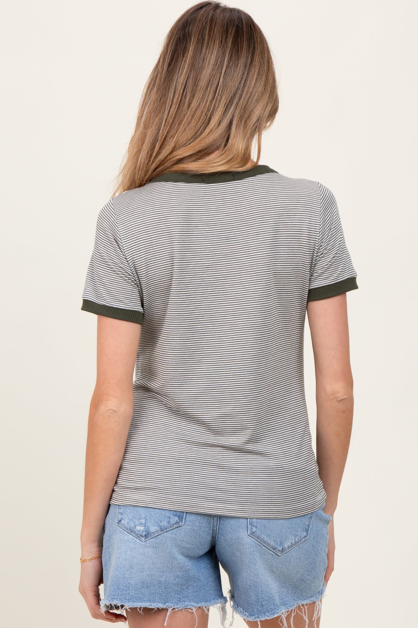 Olive Pinstripe Contrast Trim Maternity Tee