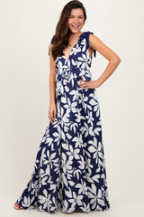 Navy Floral Deep V-Neck Shoulder Tie Maternity Maxi Dress
