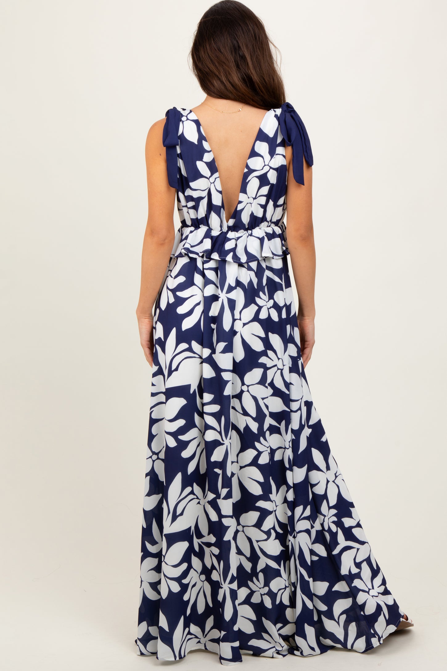 Navy Floral Deep V-Neck Shoulder Tie Maxi Dress
