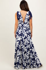 Navy Floral Deep V-Neck Shoulder Tie Maxi Dress