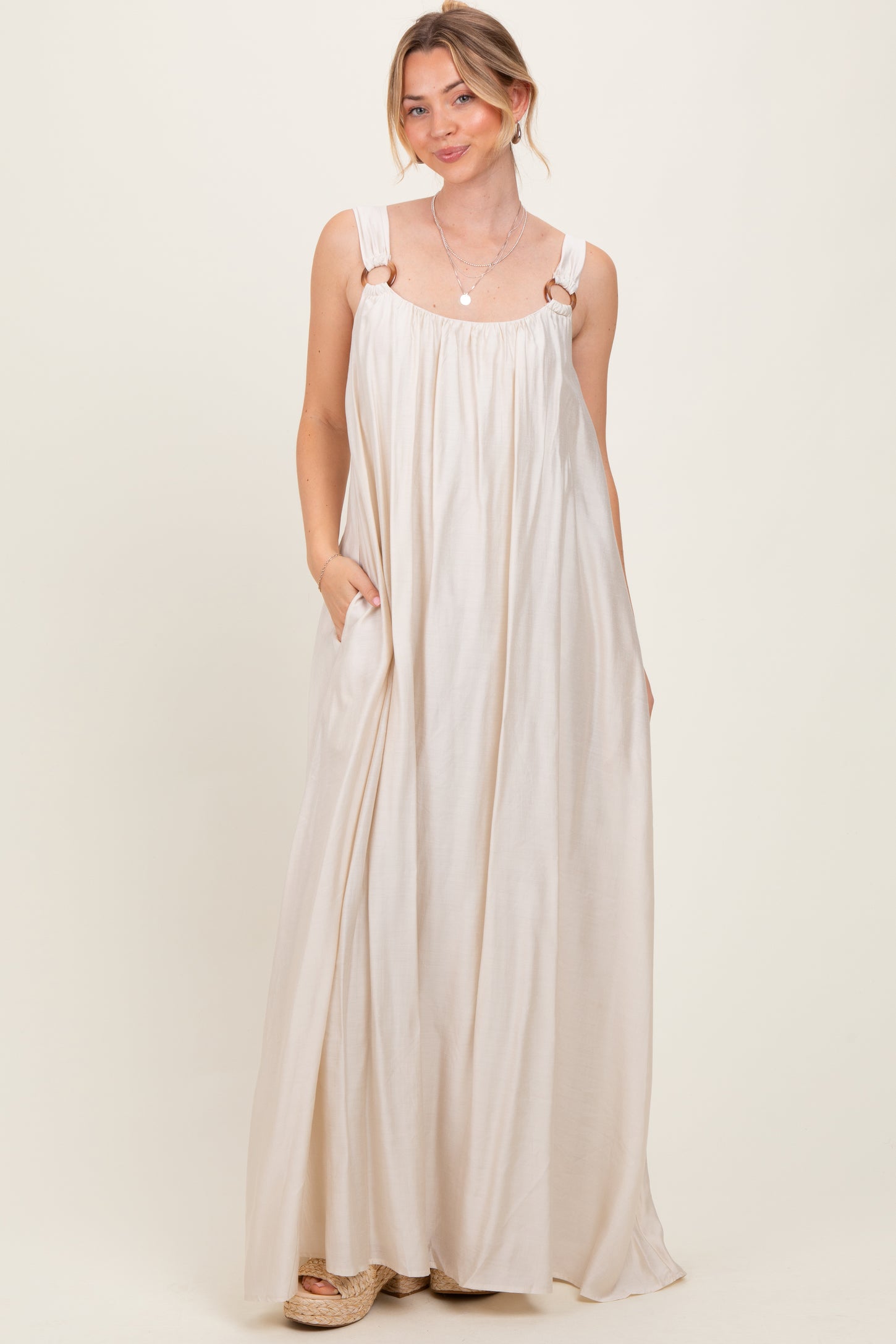 Cream O-Ring Strap Scoop Back Maternity Maxi Dress