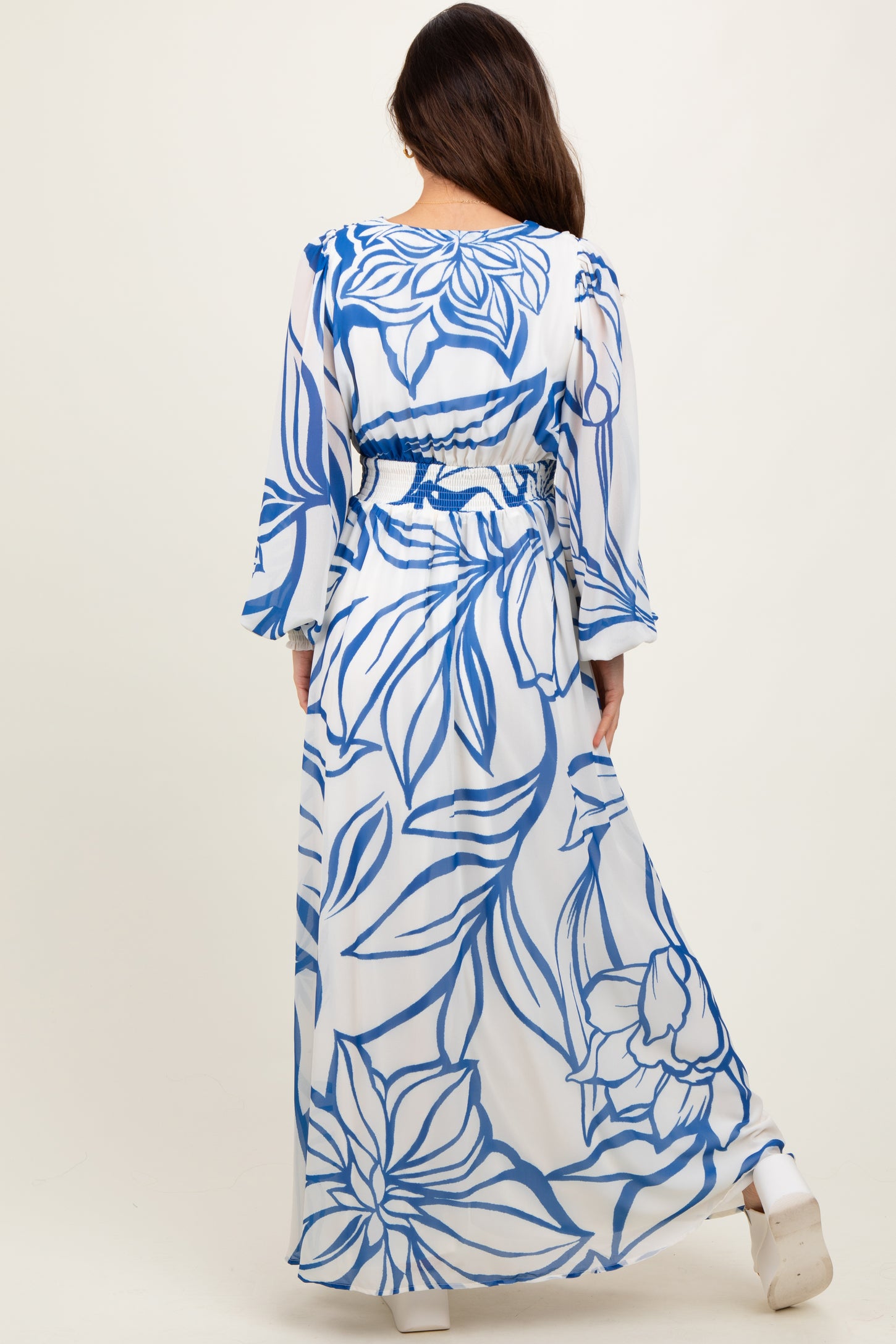 Blue Floral Smocked Waist Long Sleeve Maxi Dress